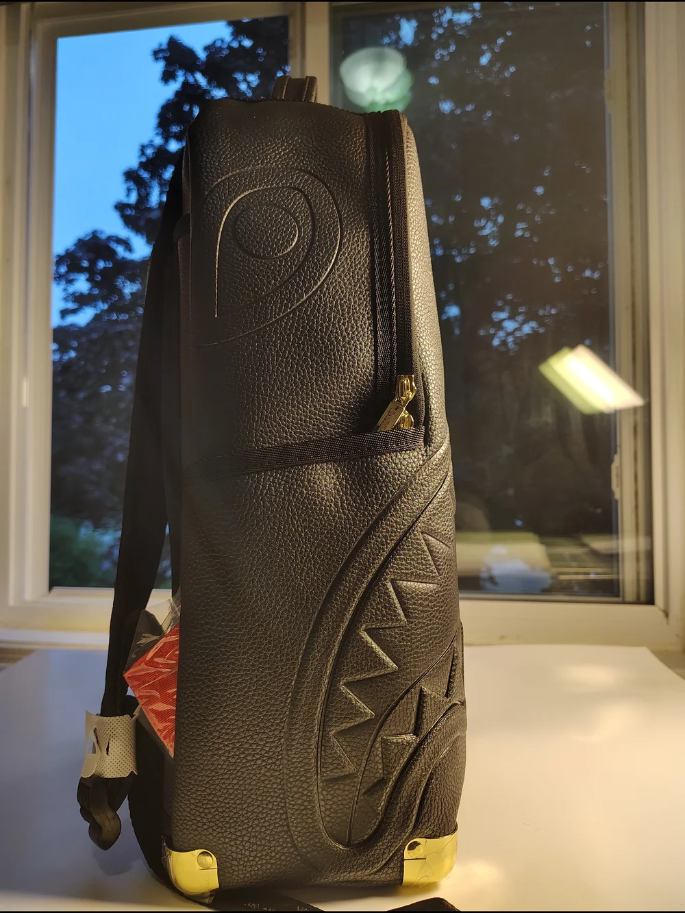 Sprayground Black Shark-Embossed Faux Leather Backpack with Gold Accents